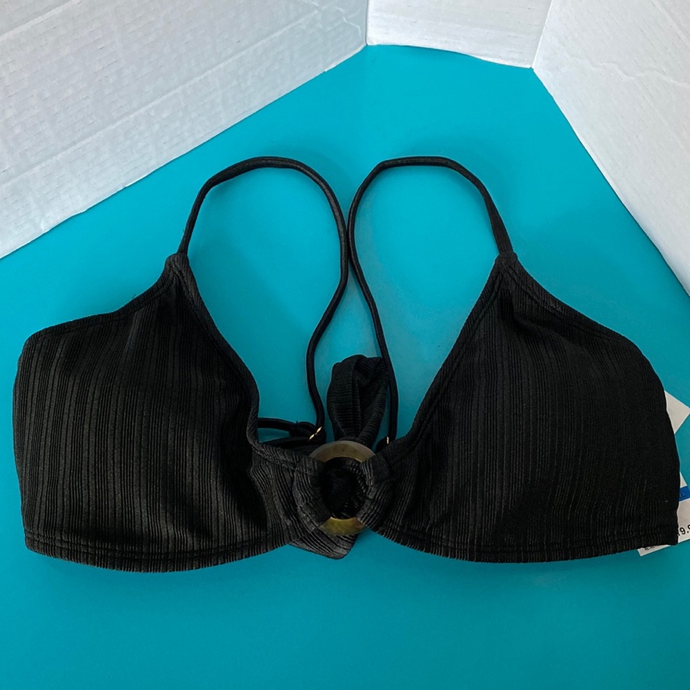 California Waves Black Shiny Ribbed Triangle Bikini Swim Top